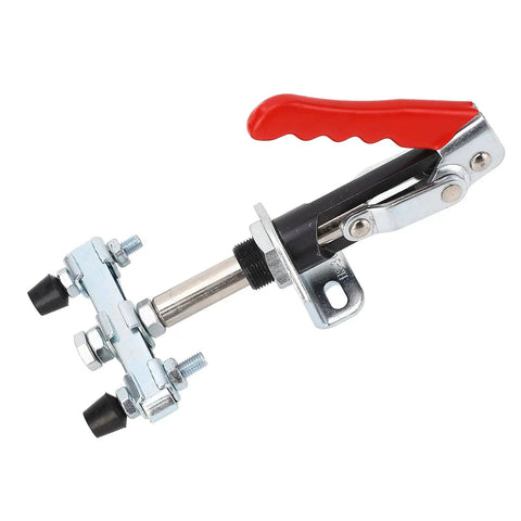 Beefy Quick Release Push Pull Toggle Clamp With Adjustable Elbow Joint And 185 Degree Handle For Metalworking Woodworking Welding And Machinery Maintenance Built From High Carbon Steel For Heavy Duty Precision Clamping, red handle, side view