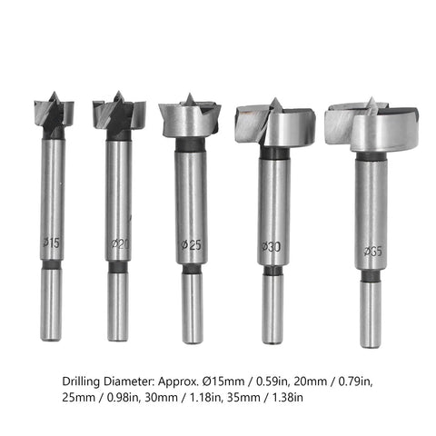 Pro Grade 5 Piece Forstner Drill Bit Set Made From Quality High Speed Carbon Steel showing cutters from 15 to 35mm diameter.