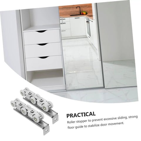 Premium Heavy Duty Barn Door Slider Track Wheel Kit With Smooth Silent Rolling Bearings For Quick Hassle Free Setup And Top Shelf Pantry Bedroom Closet Hardware with roller stoppers and floor guide.