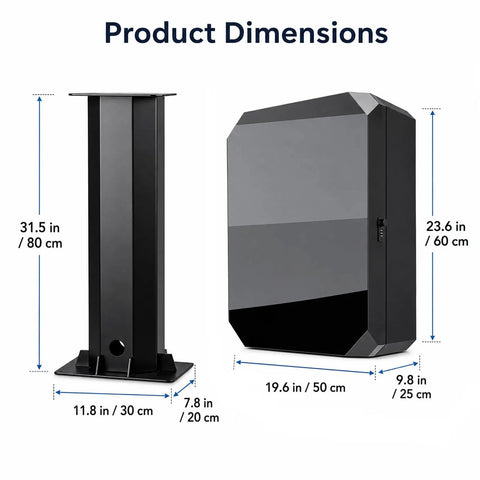 Tough as Nails EV Charger Enclosure Outdoor Pedestal dimensions 31.5 in height, 19.6 in width, tank grade steel construction.