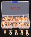 Heavy Duty 70 Piece OT Terminal Connector Kit With Open Lug Splice Wire, Copper O Shape Circular Naked Cable Crimp Terminals For 10 To 50 Amp Applications In Solid Gold Finish Perfect For DIY Car And Home Wiring Projects That Need Reliable Electrical. 70pc copper terminal kit in organizer case, 10A-50A