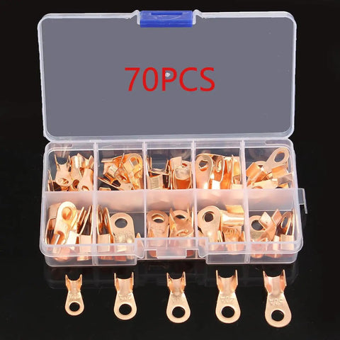 Heavy Duty 70 Piece OT Terminal Connector Kit With Open Lug Splice Wire, Copper O Shape Circular Naked Cable Crimp Terminals For 10 To 50 Amp Applications In Solid Gold Finish Perfect For DIY Car And Home Wiring Projects That Need Reliable Electrical. 70pc copper terminal kit in organizer case, 10A-50A