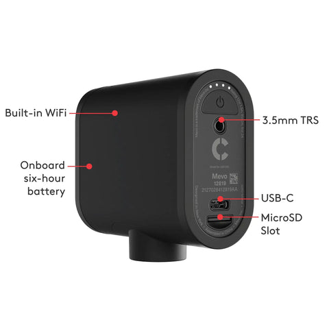 Mevo Start Wireless Streaming Cam With Legit 1080P HD Clarity showing ports and features for easy streaming setup.