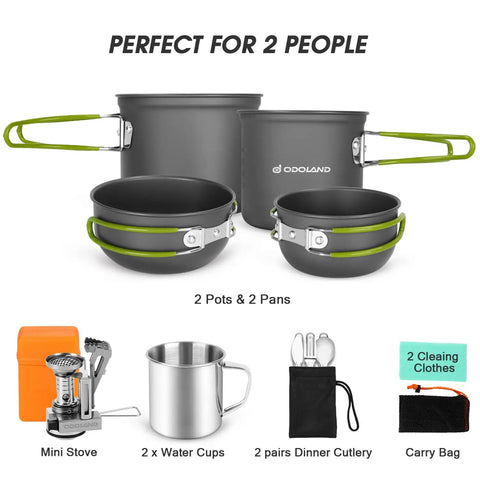 16 Piece Camping Cookware Mess Kit With Pots And Pans Mini Stove And 2 Cups Utensils For Backpacking Camping Hiking And Picnics