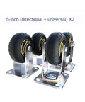 Top Shelf Eight Inch Swivel Casters Featuring Hella Smooth Silent Rubber Treads And Heavy Duty Steering Locking Brakes For Four Piece Cart Sets With Quick Install Mounting Kit And Reliable All Surface Grip, showcasing four 5-inch wheel casters with sleek silver frames.