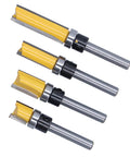 Premium Trim Router Bit Kit With 2 Conventional Blades For Flawless Flush Cuts And Precision Tenon Trimming On Wood MDF Laminate Plywood And Acrylic Materials Without Snagging Or Splintering - Four router bits showcasing blade designs.