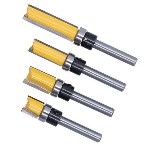 Premium Trim Router Bit Kit With 2 Conventional Blades For Flawless Flush Cuts And Precision Tenon Trimming On Wood MDF Laminate Plywood And Acrylic Materials Without Snagging Or Splintering - Four router bits showcasing blade designs.