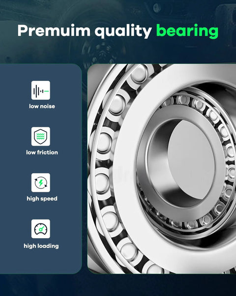 Close-up of a metal bearing highlighting low noise, low friction, high speed, and high loading features.