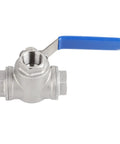 Kickass Heavy Duty One Half Inch 304 Stainless Steel Three Way Ball Valve T Port with blue handle and threaded ends for plumbing use.