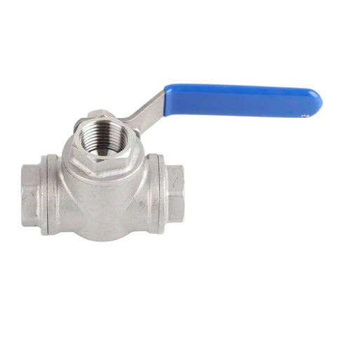 Kickass Heavy Duty One Half Inch 304 Stainless Steel Three Way Ball Valve T Port with blue handle and threaded ends for plumbing use.