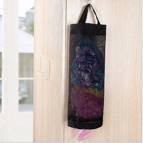 Hanging Mesh Bag Holder Dispenser For Plastic Grocery Bags, Space Saving Organizer With Elastic Opening, Black, on wall