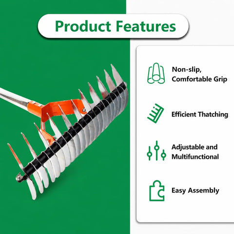 All In One 3 In 1 Thatch Rake For Lawn Care With 15 Inch Width Adjustable 40 To 70 Inch Handle Dethatching Rake With Bag features