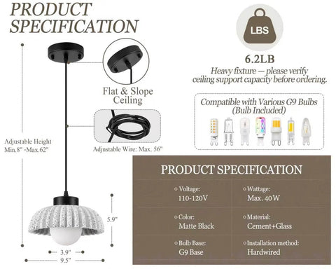 Karjera Black Pendant Lights Kitchen Island, Ribbed Concrete Hanging Light product specifications with adjustable height and G9 bulb.
