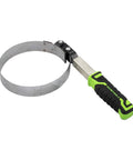 Swivel Oil Filter Wrench for 4-3/4 to 5-3/4 inch filters, dimpled steel band grippers, padded TPR handle, heavy duty tool for tight spaces