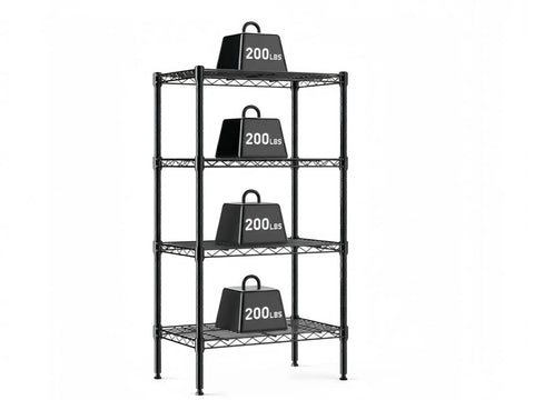 Professional Grade Badass Workhorse Four Tier Metal Wire Shelving Rack with weights showcasing 200 lbs capacity for storage.