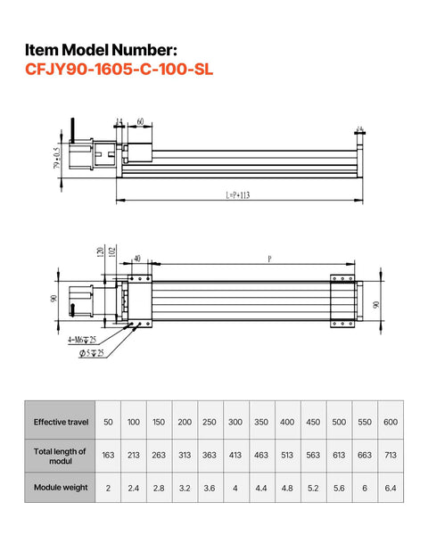 Technical diagram of the Precision Linear Stage Actuator With 100 mm Stroke For CNC Routers And 3D Printers X Y Z Axis Dual Ball Screw And Dual Guide Rails