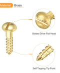 Brass Wood Screws M2.5 By 10mm Slotted Round Head Self Tapping 30 Count with highlighted slotted head and tip point detail.