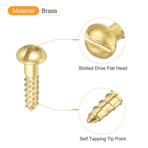 Brass Wood Screws M2.5 By 10mm Slotted Round Head Self Tapping 30 Count with highlighted slotted head and tip point detail.