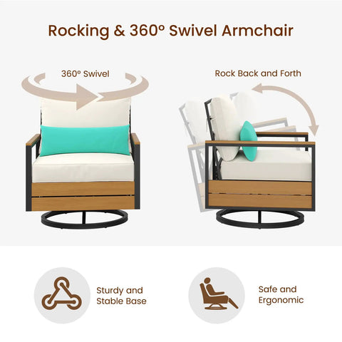 Three Piece Outdoor Bistro Set With 360 Swivel Rocking Chair And Two Tier Solid Acacia Wood Sliding Coffee Table White Six Inch Cushions For Backyard Or Poolside Vibes showing 360 swivel chair features.