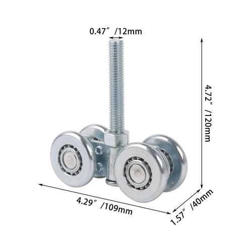 46mm Steel Sliding Door Rail Hanging Trolley Wheel For Track Hardware H4 3 Roller Wheel Set, heavy-duty steel with bolt.