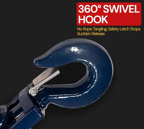 Heavy Duty Snatch Block With Hook, 3 Ton Working Load Limit, Three Inch Sheave, Three Eighths Inch Wire Rope, Wrecker Roll Back Recovery Gear, Steel Construction, Blue Powder Coat Finish, 360° swivel hook with safety latch