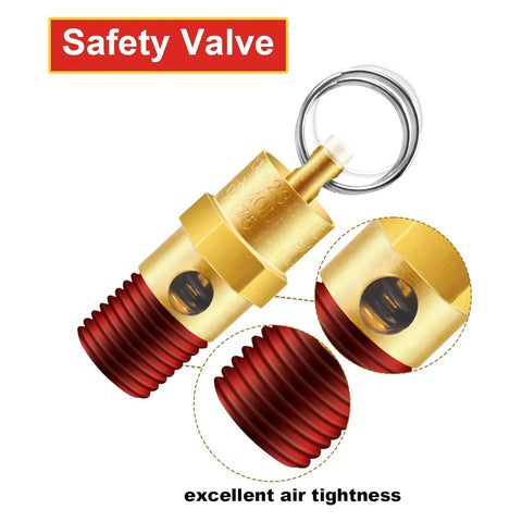 Brass 1/4'' NPT air compressor pressure relief valve with red threaded end, close-up view