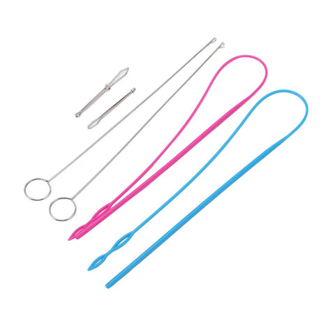Six Piece Sewing Kit With Stainless Steel Tools For DIY Knitting And Projects Includes Rope Threader Closed Rope Threader Turn Hooks Elastic Clamp And Must Have Tools Easy To Use And Highly Practical. stainless steel sewing tools set with pink and blue loop threaders