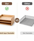 Comparison between 3 Pack Stackable Wood Letter Trays For A4 Paper Documents Mail Files Folders And Receipts Office Desk Organization Perfect For Home Office And School Papers Magazines Brochures And More Keeps Your Desk Tidy And Your Paperwork In Check and a non-stackable metal tray.