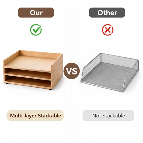 Comparison between 3 Pack Stackable Wood Letter Trays For A4 Paper Documents Mail Files Folders And Receipts Office Desk Organization Perfect For Home Office And School Papers Magazines Brochures And More Keeps Your Desk Tidy And Your Paperwork In Check and a non-stackable metal tray.