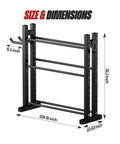Three Tier Dumbbell Rack Stand For Home Gym With Adjustable Height And Space Saving Compact Design 1000 Lb Capacity Heavy Duty Weight Storage Durable Steel Rack, showing size dimensions 31.1 x 29.9 x 10.63 inches in black finish.