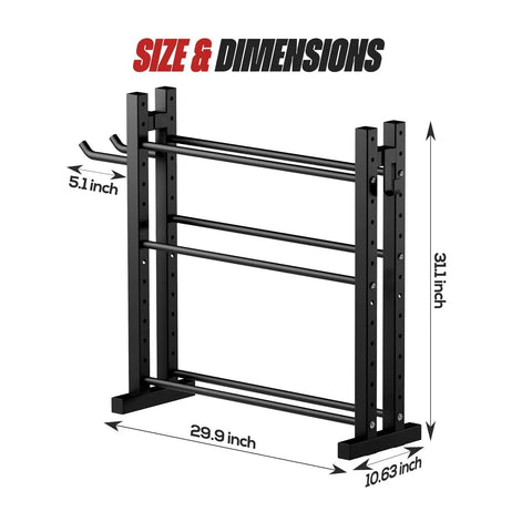 Three Tier Dumbbell Rack Stand For Home Gym With Adjustable Height And Space Saving Compact Design 1000 Lb Capacity Heavy Duty Weight Storage Durable Steel Rack, showing size dimensions 31.1 x 29.9 x 10.63 inches in black finish.