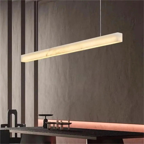 Natural Marble LED Pendant Light Modern Linear Hanging Lamp for Hotel Lobby Restaurant Dining Table Living Room Bedroom Lighting,Space above a sleek dining table.