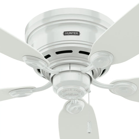 Close-up of 42 Inch Indoor Ceiling Fan No Light With Low Profile Flush Mount And Five Blades For Bedroom Living Room And Kitchen Pull Chain Snow White Energy Efficient Quiet Operation Hassle Free