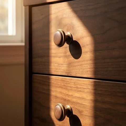 Vintage Walnut Wood Cabinet Handles Set With Zinc Alloy Drawer Pulls in Antique Metal Finish on dresser