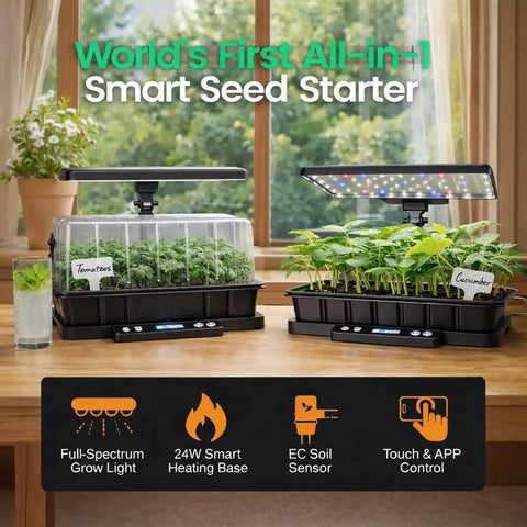 All In One Indoor Seed Starting Kit With Humidity Dome Waterproof Seedling Mat 24W Full Spectrum LED Grow Light Smart Heating Base