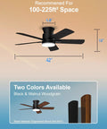 Super Slick 42 Inch Flush Mount Ceiling Fan With Remote And Dimmable 3Cct Led Light Six Speeds smooth reversible DC motor in black.
