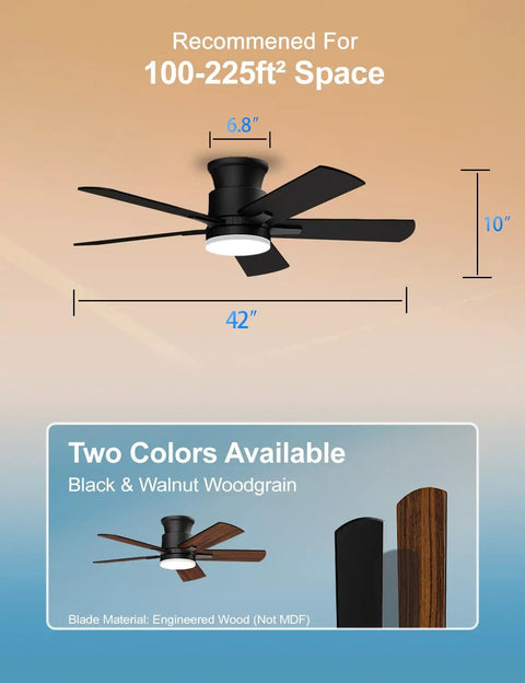 Super Slick 42 Inch Flush Mount Ceiling Fan With Remote And Dimmable 3Cct Led Light Six Speeds smooth reversible DC motor in black.