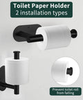 Matte Black 6 Piece Stainless Steel Bathroom Hardware Set With 16 Inch Wall Mount Hand Towel Bar Toilet Paper Holder Towel Ring And 3 Robe Hooks Dual Purpose Installation, showing two types of toilet paper holder installations.