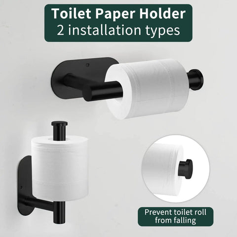 Matte Black 6 Piece Stainless Steel Bathroom Hardware Set With 16 Inch Wall Mount Hand Towel Bar Toilet Paper Holder Towel Ring And 3 Robe Hooks Dual Purpose Installation, showing two types of toilet paper holder installations.