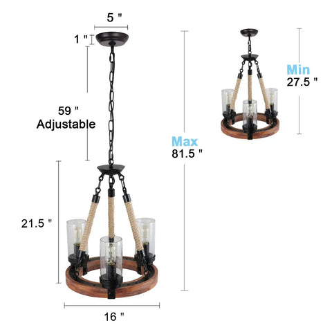 Wooden Ring Hemp Rope Wagon Wheel Chandelier Rustic Farmhouse Vibe Pendant Lighting With Glass Shade Three Lights Brown Finish