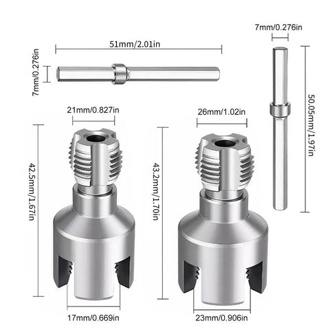 PVC Pipe Threader Tool For Internal And External Threading With Electric Drill Compatibility, Heavy Duty Metal Die For Quick Plumbing Repairs On 1/2 And 3/4 Inch PVC Pipes, Easy DIY Home Maintenance, dimensioned metal threading bits