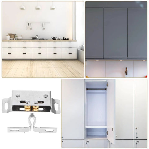 Stainless Steel Spring Ball Door Catch Latch With Noise Reduction For Offices And Shops shown mounted on cabinet doors