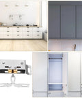 Sliding Door Pulley and Roller Catch Hardware Kit in Stainless Steel for Quiet Closings shown in kitchen and cabinet setup.