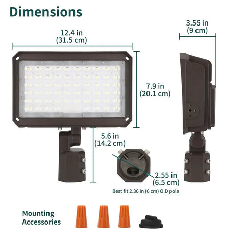 Dimensions and components of Ultra Bright LED Flood Light With Dusk To Dawn Photocell, 150W Adjustable, IP65, ETL Listed