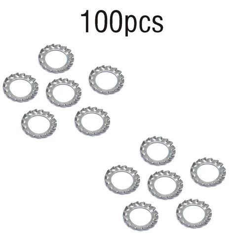 Image of 100pcs 304 Stainless Steel External Tooth Star Lock Washers Kit With Circlips Snap Rings, M6 Size, displayed on white background