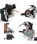 Industrial Workhorse Variable Speed Belt Sander 71 Inch Knife Grinder showing motor and wheels for fast rust removal and smooth finishing.