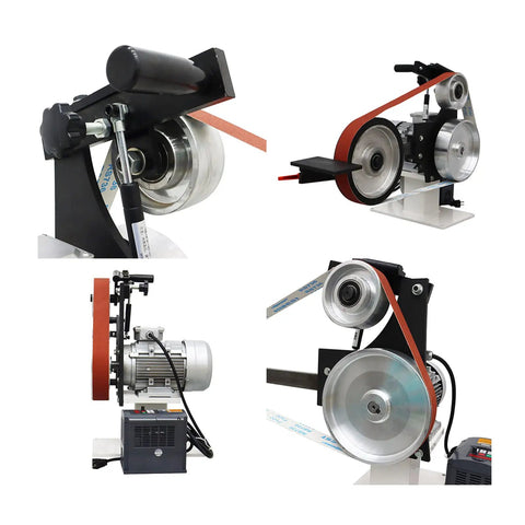 Industrial Workhorse Variable Speed Belt Sander 71 Inch Knife Grinder showing motor and wheels for fast rust removal and smooth finishing.