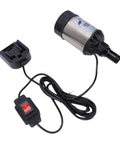 Badass Cordless Submersible Sump Pump With Brushless Motor And Rechargeable Battery Setup, stainless steel body and charging base.
