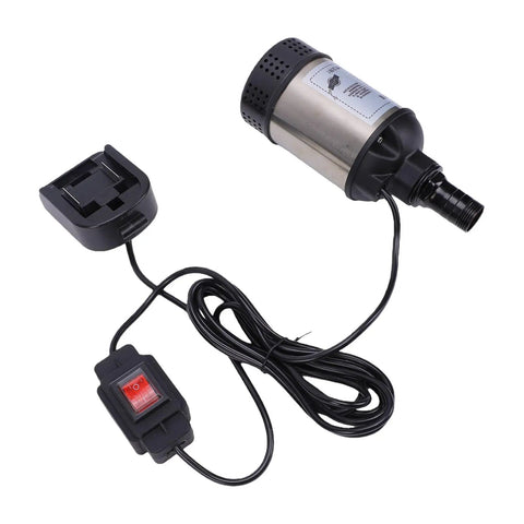 Badass Cordless Submersible Sump Pump With Brushless Motor And Rechargeable Battery Setup, stainless steel body and charging base.