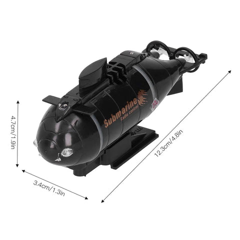 RC Submarine Toy For Teens And Up Mini Electric Diving Boat with dual propeller drive and LED lights, dimensions labeled